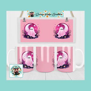 Ceramic Coffee Mug Pink Ghost Stars and Moon Halloween 15oz Hand Sublimated